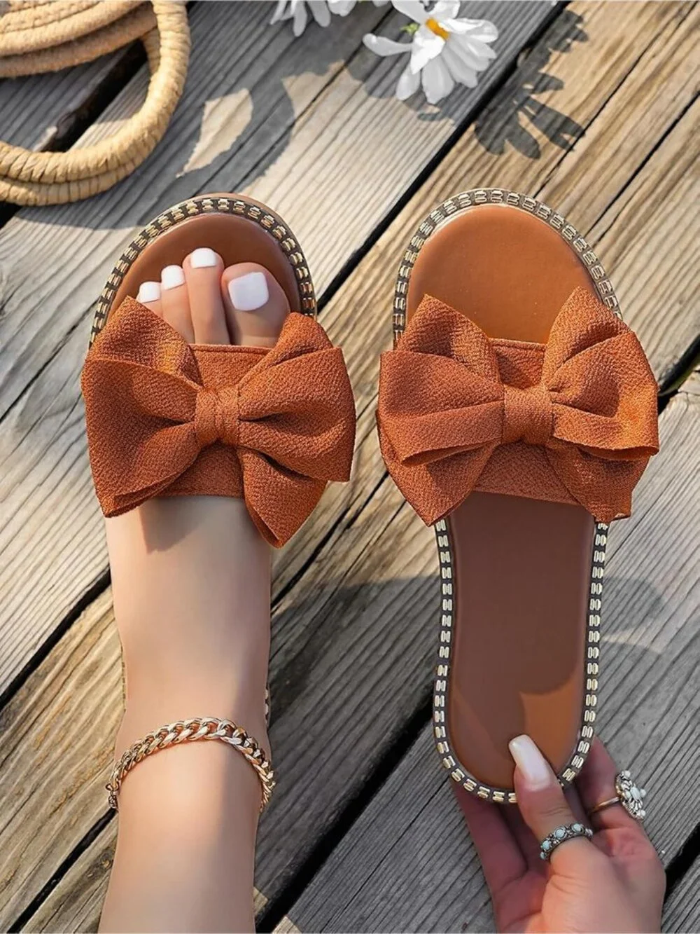 Women's Brown Leather Bow Knot Slides Open Toe Flat Summer Slip On Sandals
